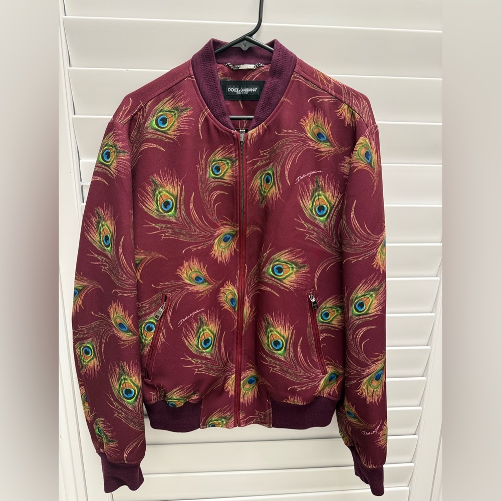 Dolce&Gabbana Men Dark Red Bomber Peacock Print Casual Jacket Sz IT 50.